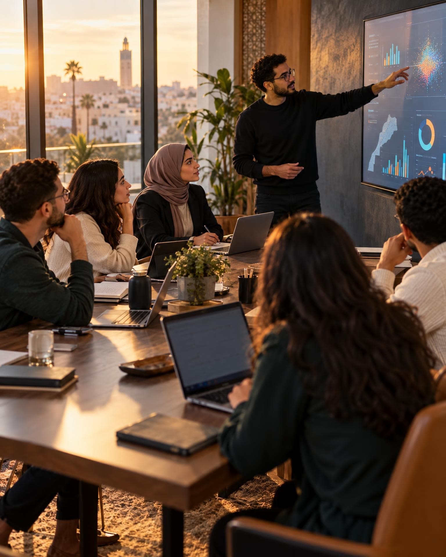 Un formateur présente des visualisations de données à un groupe de jeunes professionnels