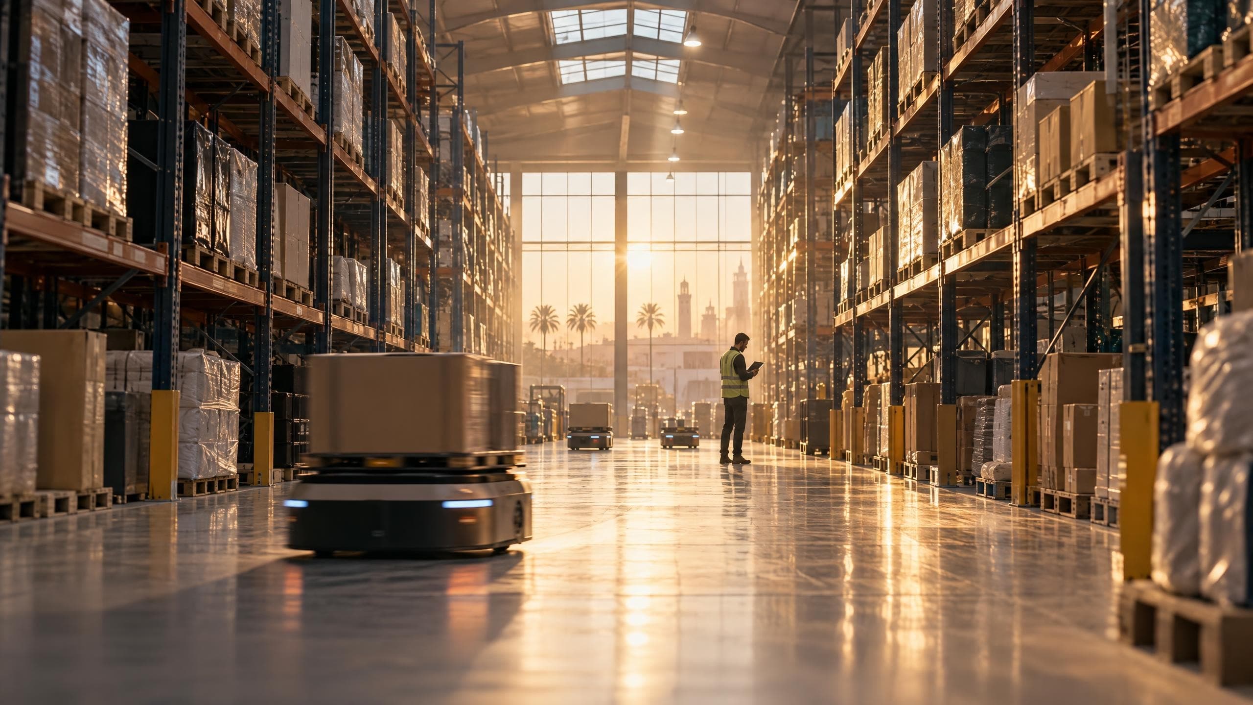 Un entrepôt logistique automatisé à l’aube, un robot y transporte une caisse
