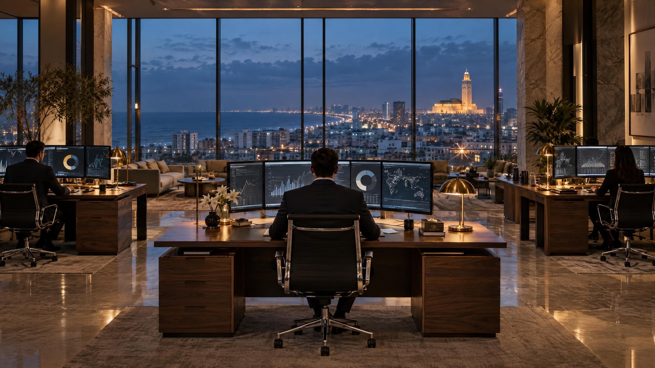Salle d’analyse d’une banque à Casablanca au crépuscule
